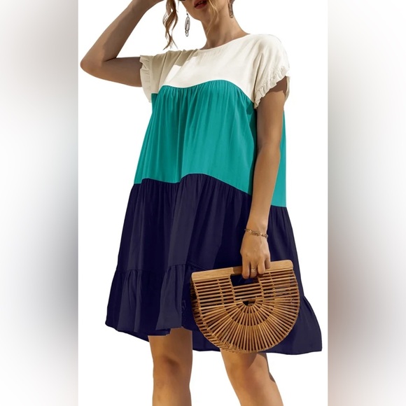 Ruffled Wht, Grn, Blue Colorblock Short Sleeve Crew Neck Shift, Mini Dress. Sz L - Picture 7 of 7